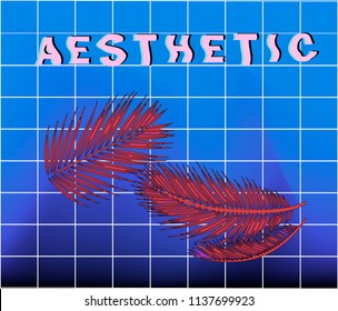 Cyberpunk/ vaporwave style background with palm leaves and glitched text "aesthetic".