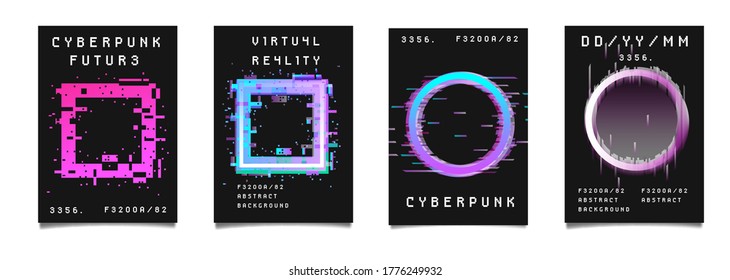 Cyberpunk and vaporwave style posters for music party with neon geometric shapes on dark background. Retrofuturistic aesthetics of 80's - 90's.