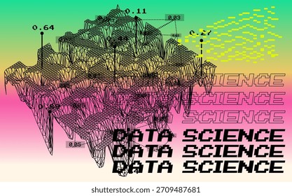 Ilustración vectorial Cyberpunk que combina un gráfico de wireframe flotante caótico con puntos de datos dispersos y texto en negrita de "CIENCIA DE DATOS". Vibra de visualización de datos Y2K futurista y de alta tecnología de neón.
