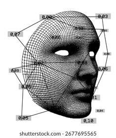 Ilustração vetorial Cyberpunk apresenta uma face humana pixelada mesclada com um diagrama de rede neural, destacando IA, tecnologia e conectividade digital através de linhas geométricas e pontos.