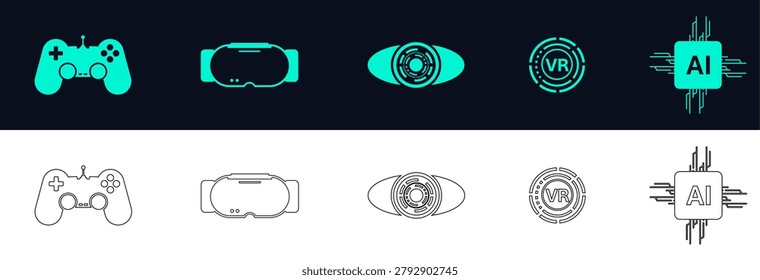 Cyberpunk Virtual Reality and AI Microchip Vector Icons, Minimalist Line and Solid UI Elements Pack