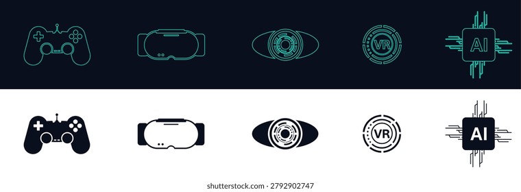 Cyberpunk Virtual Reality and AI Microchip Vector Icons, Minimalist Line and Solid UI Elements Pack