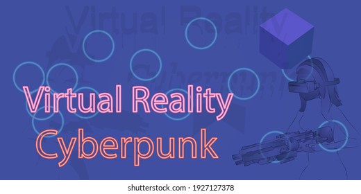 Concepto de la realidad virtual del ciberpunk. Un personaje con VR Glasses jugando un juego de acción. Armas. Nuevos Gadgets de Experiencia Tecnológica. Ilustraciones vectoriales fáciles de usar y personalizar.