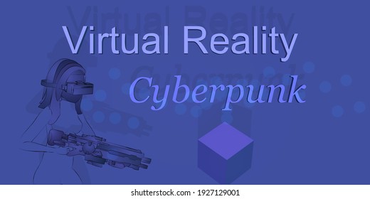 Concepto de la realidad virtual del ciberpunk. Un personaje con VR Glasses jugando un juego de acción. Armas. Nuevos Gadgets de Experiencia Tecnológica. Ilustraciones vectoriales fáciles de usar y personalizar.