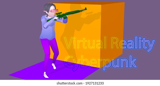 Concepto de la realidad virtual del ciberpunk. Un personaje con VR Glasses jugando un juego de acción. Armas. Nuevos Gadgets de Experiencia Tecnológica. Ilustraciones vectoriales fáciles de usar y personalizar.