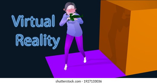 Cyberpunk Virtual Reality Concept. A character with VR Glasses playing an action game. Weapons. New Technology Experience Gadgets. Easy to use and customize Vector Illustrations.