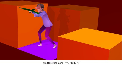 Cyberpunk Virtual Reality Concept. Ein Charakter mit VR-Brille, der ein Actionspiel spielt. Waffen. Neue Technologie-Erlebnis-Gadgets. Einfache Verwendung und Anpassung von Vektorgrafiken.