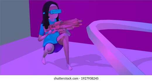 Concepto de la realidad virtual del ciberpunk. Un personaje con VR Glasses jugando un juego de acción. Armas. Nuevos Gadgets de Experiencia Tecnológica. Ilustraciones vectoriales fáciles de usar y personalizar.