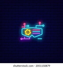 Cyberpunk virtual reality glasses neon icon. Futuristic gadget. Exoskeleton and high tech technology. Night bright signboard. Outer glowing effect banner. Isolated vector stock illustration