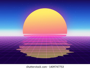 Cyberpunk virtual reality retrofuturistic neon landscape with 3d perspective laser grid. Vector design template for AI artificial intelligence conference, Big Data meetup, Hackathon Coding Event.