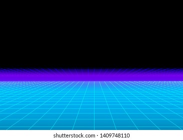 Cyberpunk virtual reality retrofuturistic neon landscape with 3d perspective laser grid. Vector design template for AI artificial intelligence conference, Big Data meetup, Hackathon Coding Event.