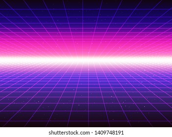 Cyberpunk virtual reality retrofuturistic neon landscape with 3d perspective laser grid. Vector design template for AI (artificial intelligence) conference, Big Data meetup, Hackathon Coding Event.