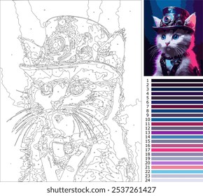 cyberpunk white kitten and a futuristic steampunk hat, coloring page by number for adult