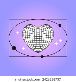 Cyberpunk wireframe heart with abstract futuristic shapes. Vector outline illustration. Retrowave and bauhaus concept
