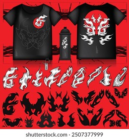 cyberpunk y2k 2000s gaming futuristic neo tribal fire flame set collection template hud for branding fashion t-shirt decoration decals, 2d illustration rendering vector 