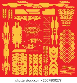 cyberpunk y2k 2000s gaming futuristic icon pattern  set collection template hud for branding fashion t-shirt decoration decals, 2d illustration rendering vector 