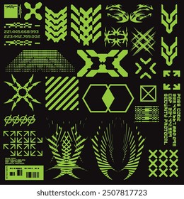 cyberpunk y2k 2000s gaming futuristic icon pattern  set collection template hud for branding fashion t-shirt decoration decals, 2d illustration rendering vector 