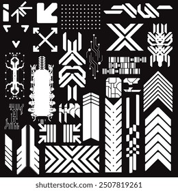 cyberpunk y2k 2000s gaming futuristic icon pattern  set collection template hud for branding fashion t-shirt decoration decals, 2d illustration rendering vector 