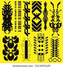 cyberpunk y2k 2000s gaming futuristic icon pattern  set collection template hud for branding fashion t-shirt decoration decals, 2d illustration rendering vector 