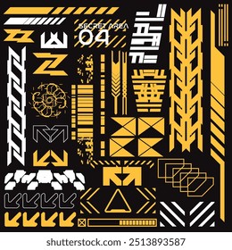 cyberpunk y2k 2000s gaming futuristic icon pattern  set collection template hud for branding fashion t-shirt decoration decals, 2d illustration rendering vector 