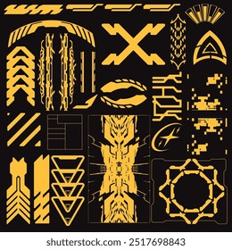 cyberpunk y2k 2000s gaming futuristic icon pattern  set collection template hud for branding fashion t-shirt decoration decals, 2d illustration rendering vector 
