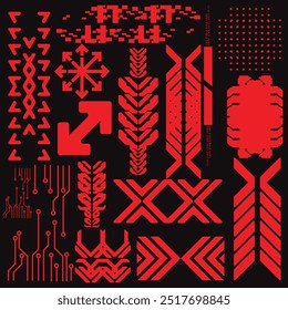 cyberpunk y2k 2000s gaming futuristic icon pattern  set collection template hud for branding fashion t-shirt decoration decals, 2d illustration rendering vector 