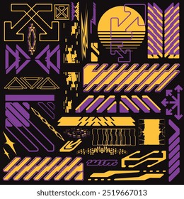 cyberpunk y2k 2000s gaming futuristic icon pattern  set collection template hud for branding fashion t-shirt decoration decals, 2d illustration rendering vector 