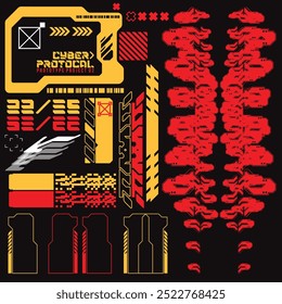 cyberpunk y2k 2000s gaming futuristic icon pattern  set collection template hud for branding fashion t-shirt decoration decals, 2d illustration rendering vector 