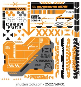cyberpunk y2k 2000s gaming futuristic icon pattern  set collection template hud for branding fashion t-shirt decoration decals, 2d illustration rendering vector 