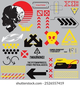 cyberpunk y2k 2000s gaming futuristic icon pattern  set collection template hud for branding fashion t-shirt decoration decals, 2d illustration rendering vector 