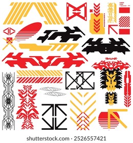 cyberpunk y2k 2000s gaming futuristic icon pattern  set collection template hud for branding fashion t-shirt decoration decals, 2d illustration rendering vector 