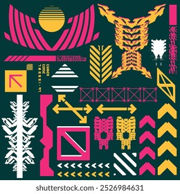 cyberpunk y2k 2000s gaming futuristic icon pattern  set collection template hud for branding fashion t-shirt decoration decals, 2d illustration rendering vector 