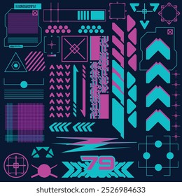 cyberpunk y2k 2000s gaming futuristic icon pattern  set collection template hud for branding fashion t-shirt decoration decals, 2d illustration rendering vector 