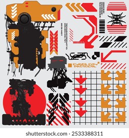 cyberpunk y2k 2000s gaming futuristic icon pattern  set collection template hud for branding fashion t-shirt decoration decals, 2d illustration rendering vector 
