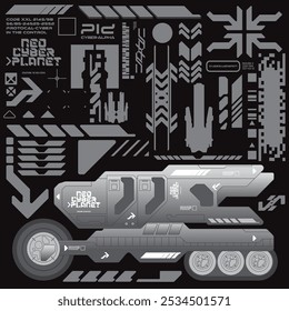 cyberpunk y2k 2000s gaming futuristic icon pattern  set collection template hud for branding fashion t-shirt decoration decals, 2d illustration rendering vector 