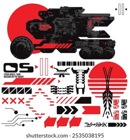 cyberpunk y2k 2000s gaming futuristic icon pattern  set collection template hud for branding fashion t-shirt decoration decals, 2d illustration rendering vector 