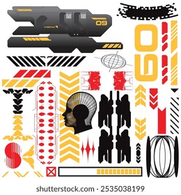 cyberpunk y2k 2000s gaming futuristic icon pattern  set collection template hud for branding fashion t-shirt decoration decals, 2d illustration rendering vector 