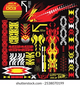 cyberpunk y2k 2000s gaming futuristic icon pattern  set collection template hud for branding fashion t-shirt decoration decals, 2d illustration rendering vector 