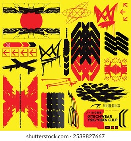 cyberpunk y2k 2000s gaming futuristic icon pattern  set collection template hud for branding fashion t-shirt decoration decals, 2d illustration rendering vector 