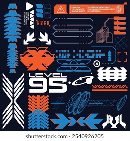 cyberpunk y2k 2000s gaming futuristic icon pattern  set collection template hud for branding fashion t-shirt decoration decals, 2d illustration rendering vector 