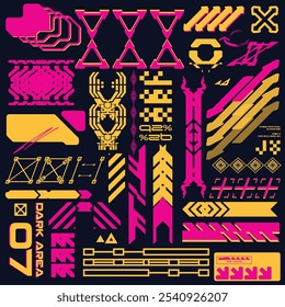 cyberpunk y2k 2000s gaming futuristic icon pattern  set collection template hud for branding fashion t-shirt decoration decals, 2d illustration rendering vector 