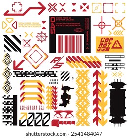 cyberpunk y2k 2000s gaming futuristic icon pattern  set collection template hud for branding fashion t-shirt decoration decals, 2d illustration rendering vector 
