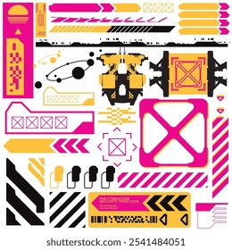 cyberpunk y2k 2000s gaming futuristic icon pattern  set collection template hud for branding fashion t-shirt decoration decals, 2d illustration rendering vector 