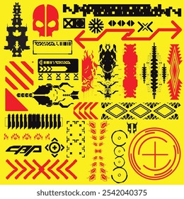 cyberpunk y2k 2000s gaming futuristic icon pattern  set collection template hud for branding fashion t-shirt decoration decals, 2d illustration rendering vector 