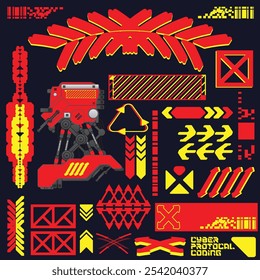 cyberpunk y2k 2000s gaming futuristic icon pattern  set collection template hud for branding fashion t-shirt decoration decals, 2d illustration rendering vector 