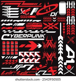 cyberpunk y2k 2000s jogo ícone futurista padrão conjunto coleção modelo hud para marca moda t-shirt decoração decalques, 2d ilustração renderização vetor 