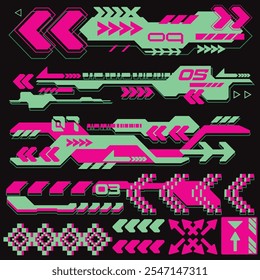 cyberpunk y2k 2000s jogo ícone futurista padrão conjunto coleção modelo hud para marca moda t-shirt decoração decalques, 2d ilustração renderização vetor 