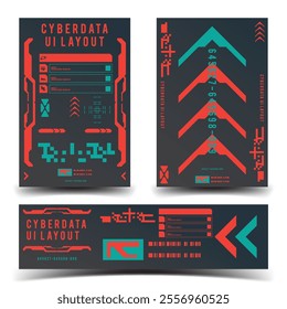 cyberpunk y2k 2000s gaming futuristic icon pattern set collection banner poster template hud for branding decoration decals, 2d illustration rendering vector 