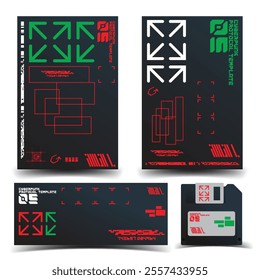 cyberpunk y2k 2000s gaming futuristic icon pattern set collection banner poster template hud for branding decoration decals, 2d illustration rendering vector 