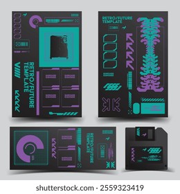 cyberpunk y2k 2000s gaming futuristic icon pattern set collection banner poster template hud for branding decoration decals, 2d illustration rendering vector 